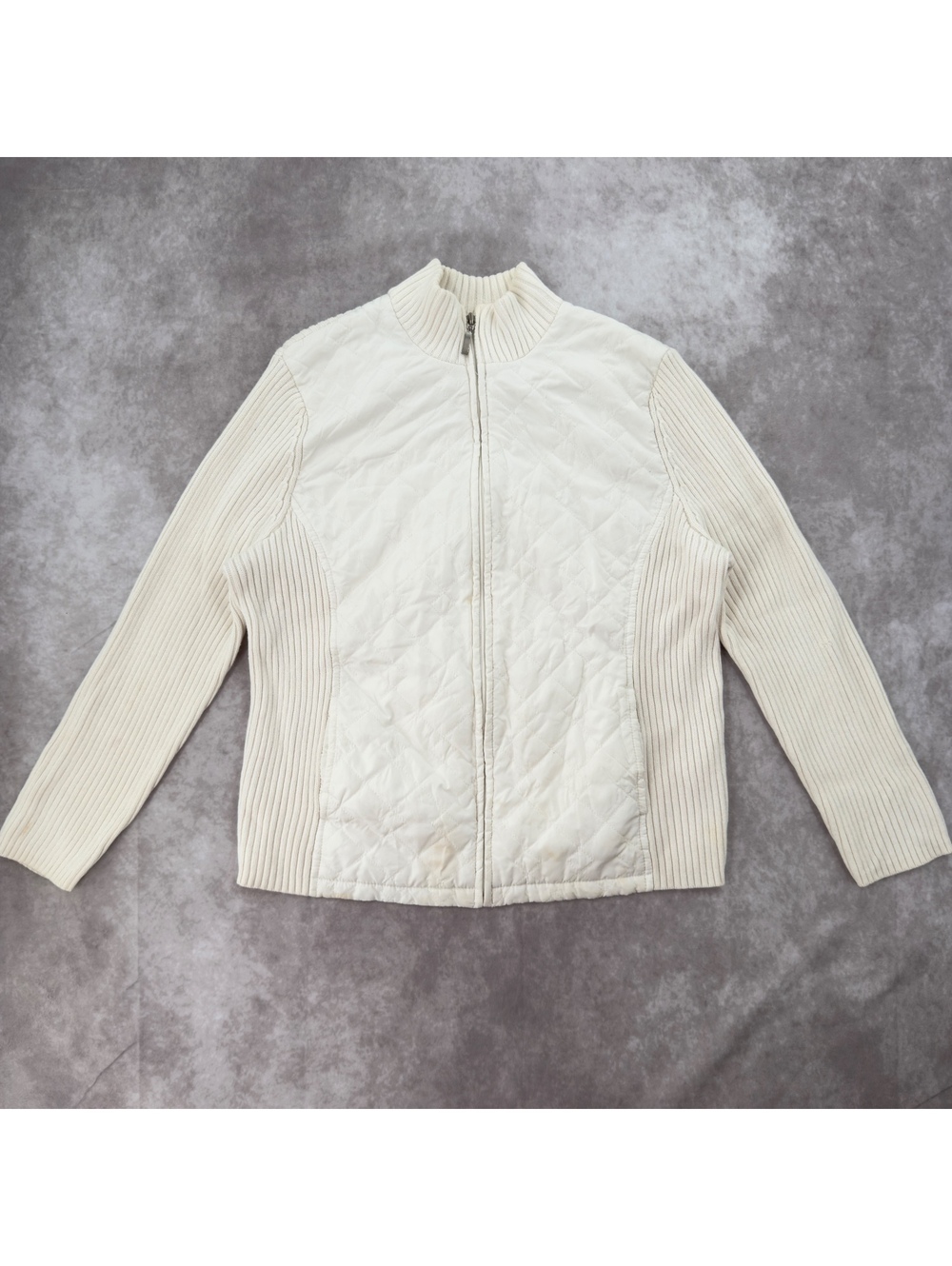 Y2K cream quilted ribbed knit zip up mock neck cardigan sweater jacket PL